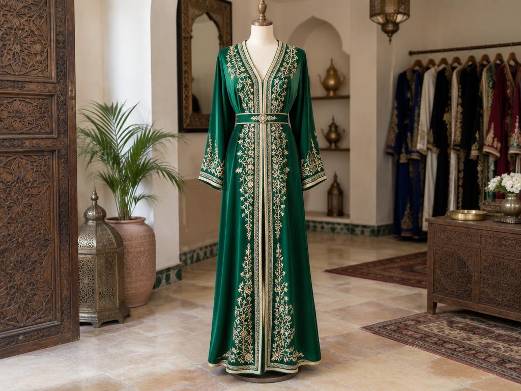 Caftan vert émeraude brodé main