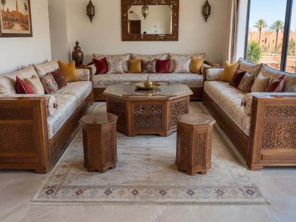 Salon marocain traditionnel en bois sculpté